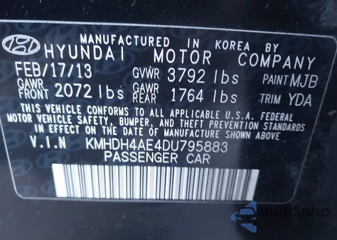 2013 Hyundai Elantra Gls from USA, damaged, VIN KMHDH4AE4DU795883